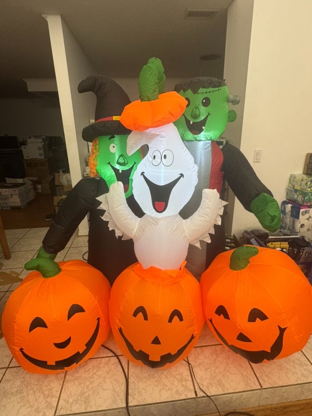 5ft GOOSH Halloween Inflatable Ghost, Frankenstein, Witch Trio With Pumpkins